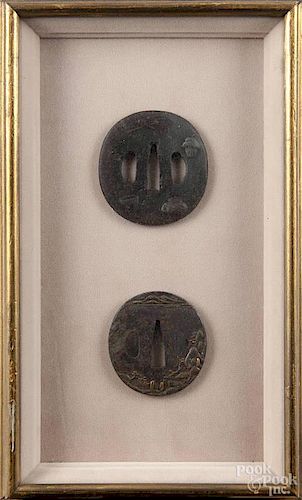 Two Japanese iron tsuba with copper appliques, frame - 12 1/4'' x 7 1/2''.