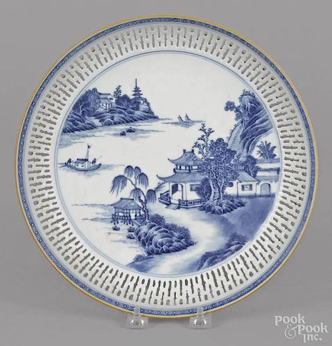 Chinese export porcelain blue and white bowl, 19th c., with a reticulated border, 10 5/8'' dia.