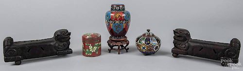 Three Chinese cloisonne urns, together with a watercolor scroll