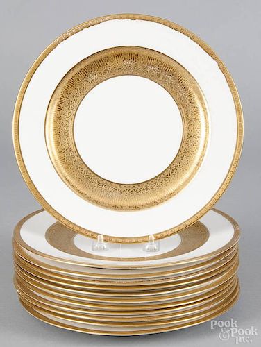 Set of twelve English porcelain plates with gilt bands, by Grainger, 10 1/4'' dia.