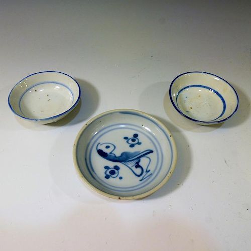 3 CHINESE ANTIQUE BLUE WHITE PORCELAIN DISH - QING DYNASTY