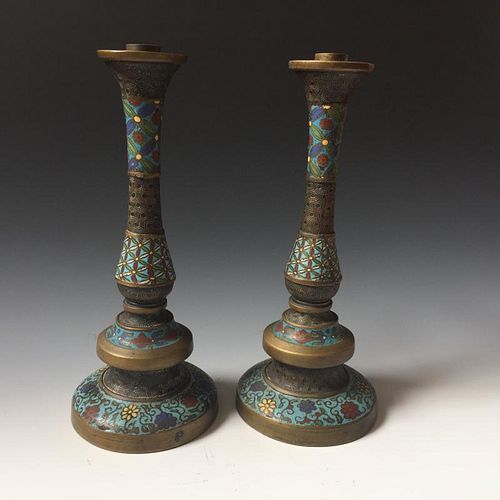 A PAIR CHINESE ANTIQUE CLOISONNE ENAMEL CANDEL HOLDER, 19TH
