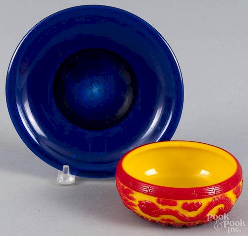 Chinese Peking glass bowl, 1 1/2'' h.,  4'' dia., together with a cobalt saucer, 6'' dia.