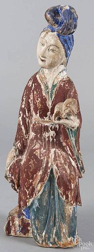 Chinese carved and painted wood figure of a seated woman, 15 1/2'' h.
