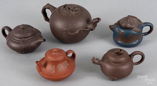 Five Chinese Yixing teapots, 20th c., tallest - 4 1/4''.