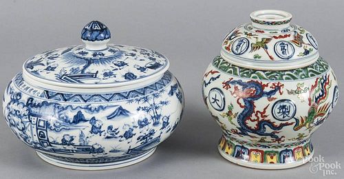 Chinese blue and white porcelain hundred boys covered bowl, 7'' h., together with a dragon urn