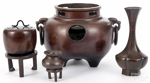 Four Japanese patinated bronze vessels, probably Meiji period, censor - 4 3/4'' h., 7'' w.
