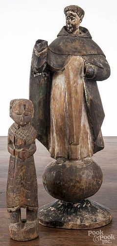 Continental carved wood santos, 18th/19th c., 14 3/4'' h., together with another carved figure, 9'' h.