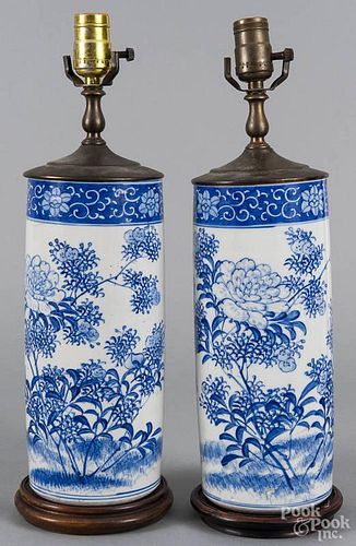 Pair of Chinese blue and white porcelain table lamps, late 19th c., 11 3/4'' h.