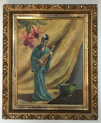 CHINESE WOMAN WITH INSTRUMENT, OIL ON CANVASBOARD, SIGNED