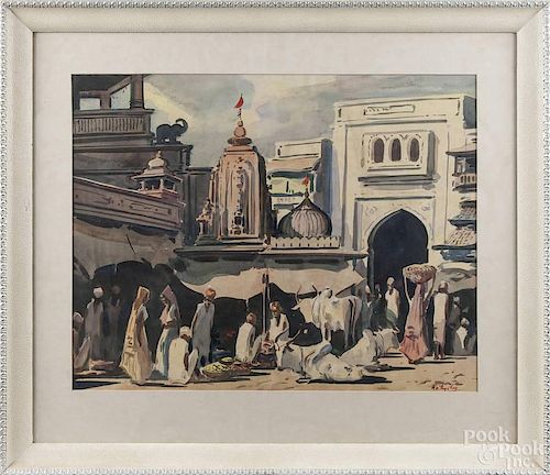 Watercolor Indian street scene, mid 20th c., signed Thyraj, 18'' x 23''.