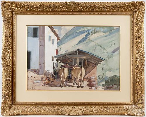 Watercolor street scene, early 20th c., signed indistinctly lower left, 14'' x 20''.