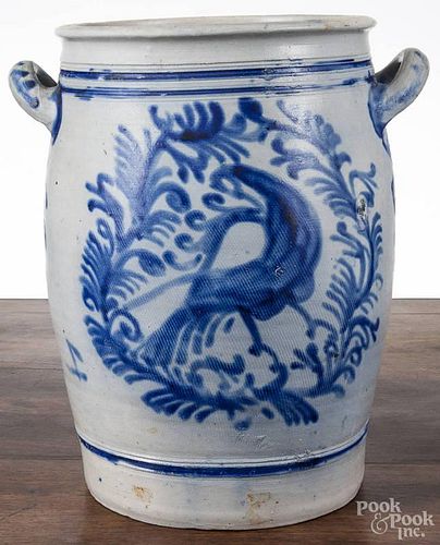 German stoneware crock, late 19th c., with double-sided cobalt bird decoration, 15'' h.