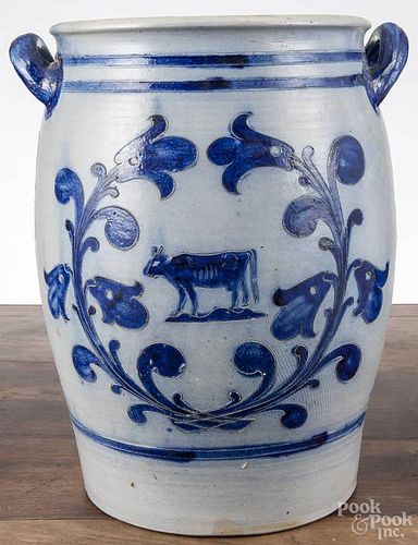 German stoneware crock, early 20th c., with double-sided incised decoration of a cow