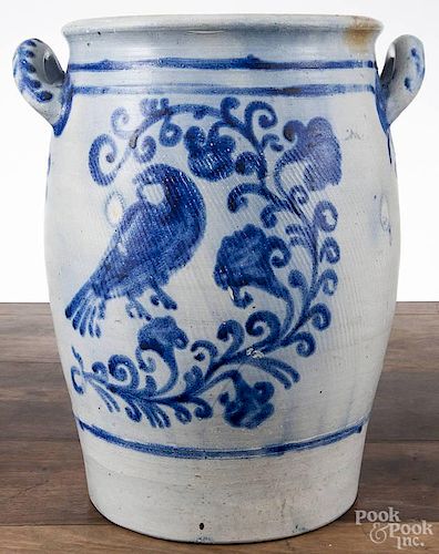 German stoneware crock, early 20th c., with double-sided cobalt bird decoration, 16 3/4'' h.