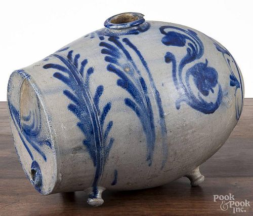 German stoneware rundlet, late 19th c., with cobalt floral decoration, 11'' h., 15 1/2'' w.