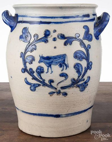 German stoneware crock, early 20th c., with double-sided incised cow decoration, 16 1/2'' h.
