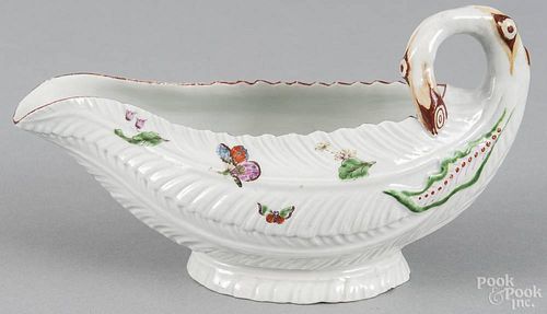 Worcester porcelain cabbage leaf sauce boat, late 18th c., 4'' x 7''.