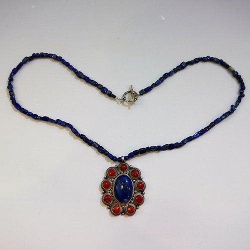 TIBETAN CHINESE STERLING SILVER CORAL & LAPIS LAZULI PENDANT NECKLACE