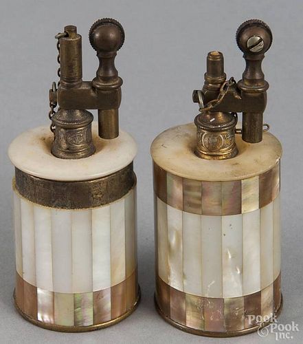 Pair French mother of pearl and brass lighters, retailed by Tiffany & Co., 3 3/4'' h.