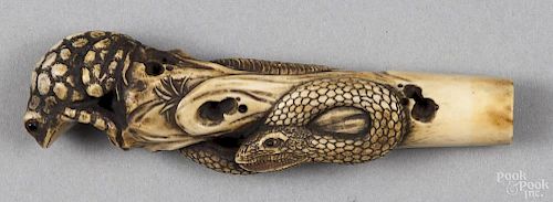 Japanese carved bone snake and frog cane or umbrella grip, ca. 1900, 4 1/2'' h.