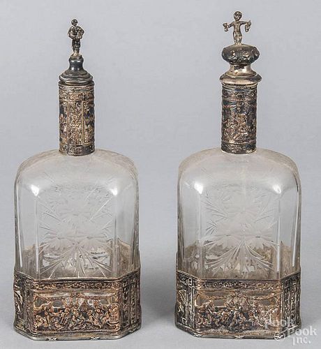 Pair of etched glass decanters with silver plated mounts, late 19th c., 10 1/2'' h.