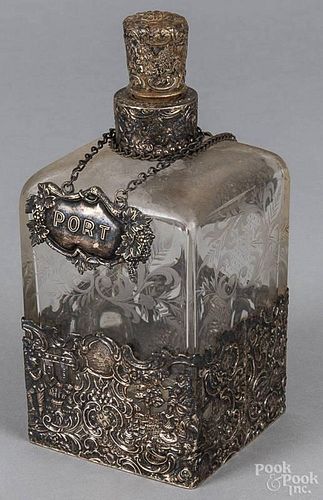 Etched glass decanter with sterling silver mounts, late 19th c., 7 1/2'' h.