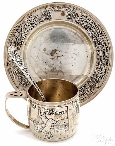 Sterling silver child's mug, spoon, and saucer, decorated with the story of Paul Revere, 9.9 ozt.