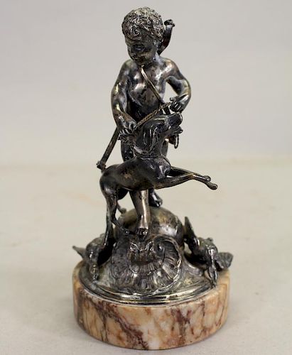 Antique Silvered Bronze Boy with Dog