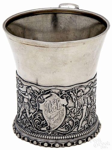 Gorham sterling silver mug, dated 1893, decorated with a relief courting scene, 3 1/2'' h., 6.3 ozt