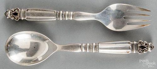 Georg Jensen sterling silver acorn pattern salad fork and spoon, 8 1/2'' l., 5 ozt.