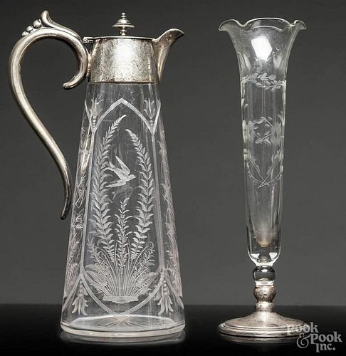 Etched glass vase with a sterling base, 10 1/2'' h., together with an etched claret pitcher