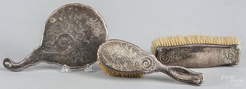 Whiting three-piece sterling silver mounted dresser set.