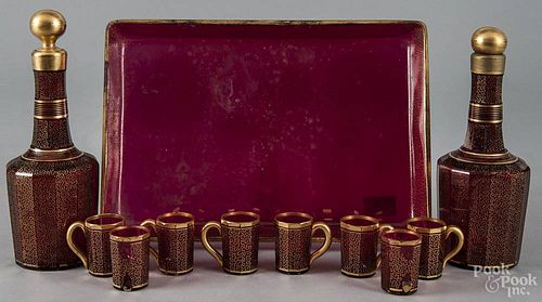Ruby flash cordial set with gilt decoration, to include a pair of decanters, 8 3/4'' h., a tray