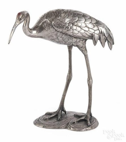Chinese silver-plated crane, 10 1/2'' h.