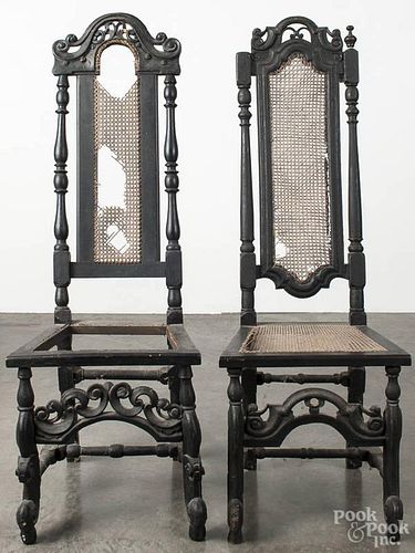 Two Flemish carved cane seat dining chairs, late 17th c.