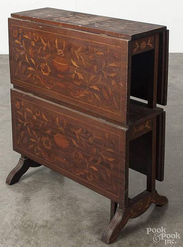 Marquetry inlaid two-tiered drop leaf table, early 20th c., 25 3/4'' h., 22'' w., 8'' d.