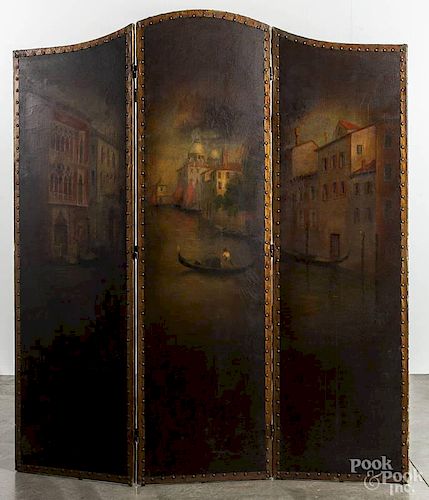 Roman Art Screen Co. painted leather folding screen, with a Venetian scene, 68 1/2'' x 58 1/2''.