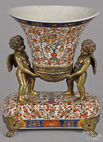 English Imari palette centerpiece, with bronze putti mounts, early 20th c.