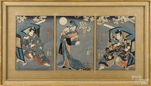 Japanese woodblock triptych, late 19th c., 13 1/4'' x 29 1/2''.