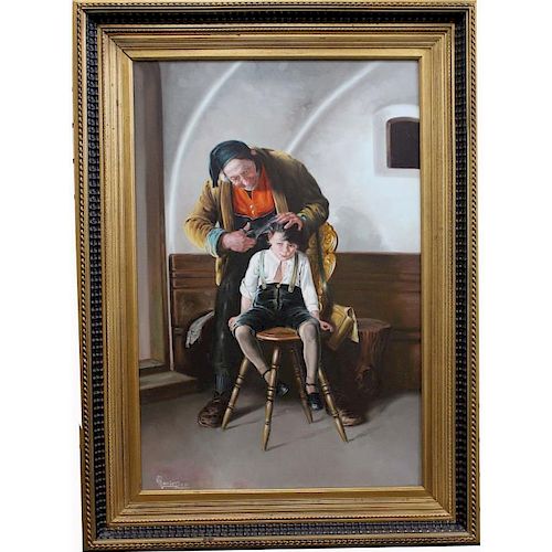 Large Painting of A Barber & Young Boy