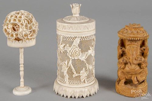 Chinese carved ivory puzzle ball, ca. 1900, together with an ivory potpourri canister
