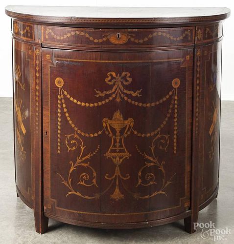 Continental marquetry inlaid mahogany demilune cabinet, late 19th c., 34 3/4'' h., 38 3/4'' w.