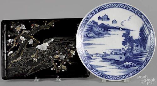 Imari blue and white charger, ca. 1900, 14 3/4'' dia., together with a lacquer tray