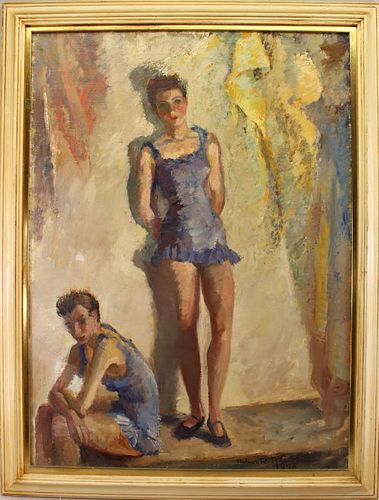 1948, Signed Painting of Two Young Ballerinas