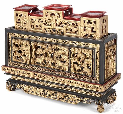 Chinese lacquer and giltwood shrine, 13 1/2'' h., 16 3/4'' w.