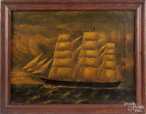 British oil on canvas ship portrait, 20th c., 12'' x 16''.