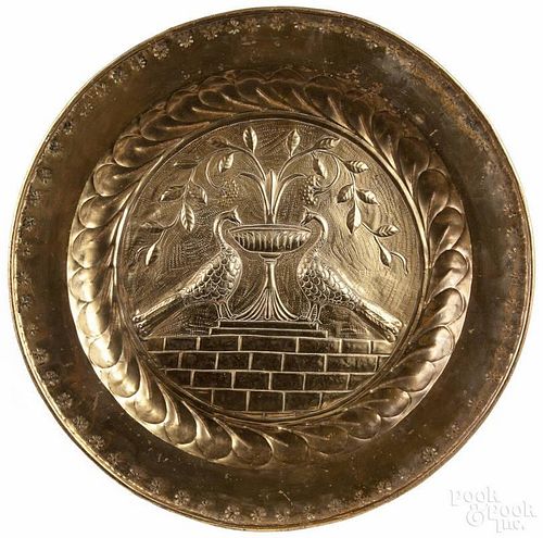 Continental embossed brass alms dish, ca. 1900, 20 3/4'' dia.