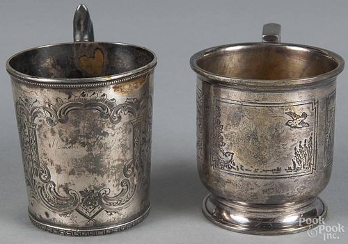 Sterling silver child's cup with engraved scenes of Native Americans, 3 1/4'' h.