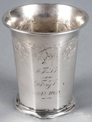 Judaic silver cup, mid 19th c., with Hebrew inscription, 2 7/8'' h., 1.6 ozt.